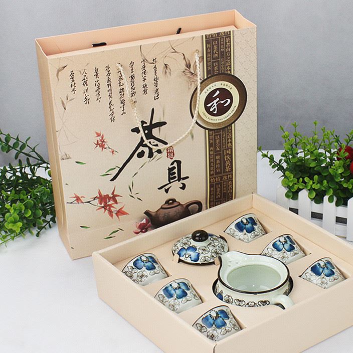 陶瓷功夫茶具禮品套裝 創(chuàng)意手繪茶壺帶蓋茶杯7件套 廠家直銷定制