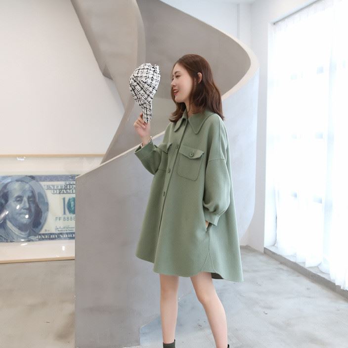高端時尚襯衫式雙面羊絨大衣女中長寬松羊毛呢外套2018新款