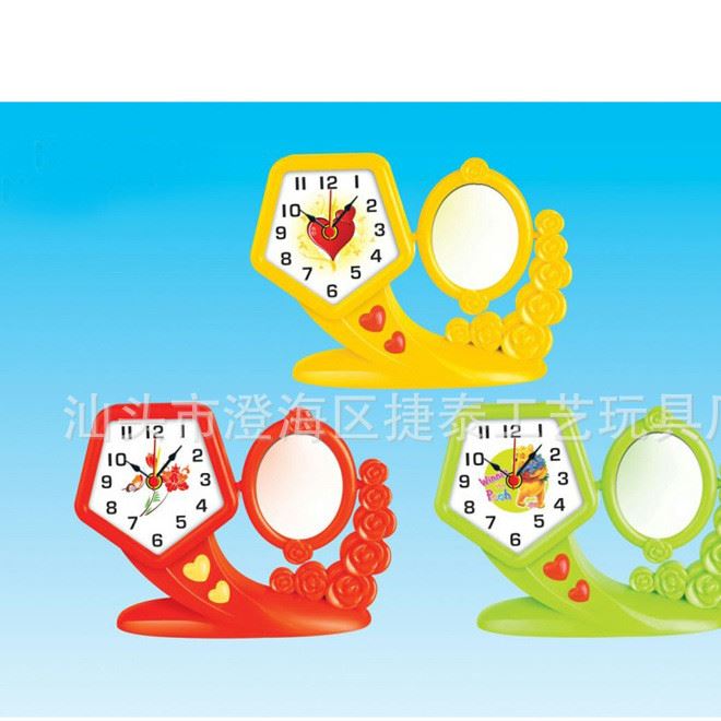 塑料精品贈品 五角形旋轉相架鏡子+鬧鐘  工藝精品 流行新奇圖案