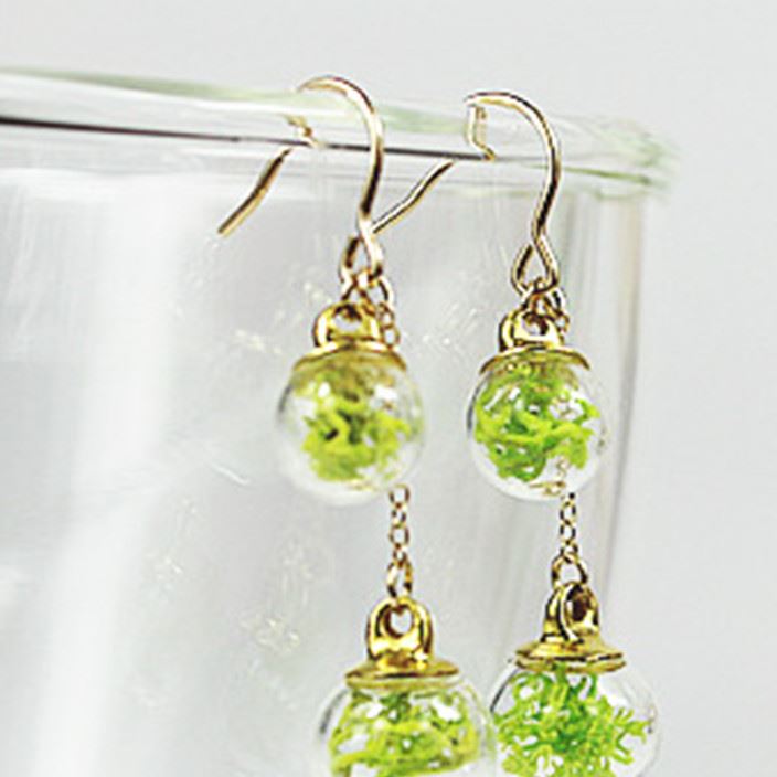 原創美國14k包金保鮮花玻璃球長款雙球耳環耳勾