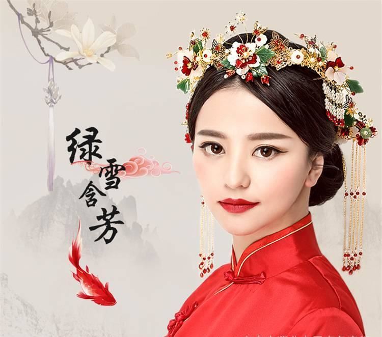 中式新娘古裝頭飾套裝紅色復古發(fā)飾旗袍秀禾鳳冠金色手工配飾品