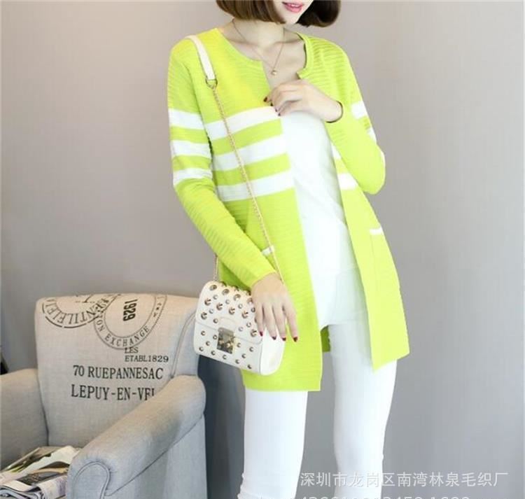 2016韓版新款條紋開(kāi)衫 女 春秋中長(zhǎng)款毛衣外套長(zhǎng)袖口袋外搭針織衫