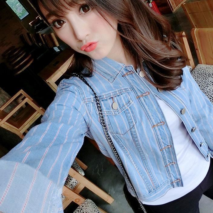 韓版條紋風牛仔上衣愛美休閑個性長袖女裝牛仔襯衫