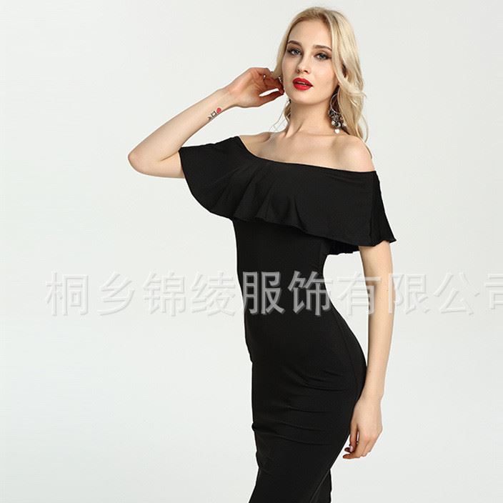 跨境女裝速賣通包臀性感修身Wish中長款一字領荷葉邊夜店連衣裙