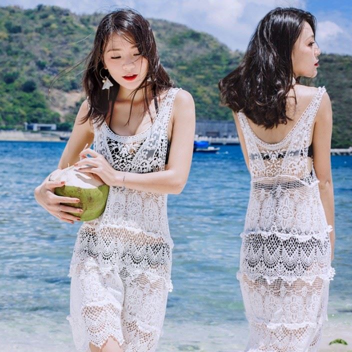 夏季度假旅游海邊沙灘裙鏤空蕾絲木耳邊中長款防曬罩衫泳衣背心裙