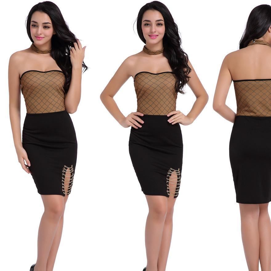 2017外貿流行風向標金鏈串聯性感拼接裹胸包臀裙