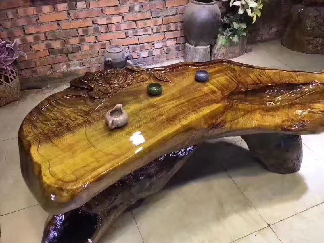 金絲楠木根雕茶桌 古樸色澤典雅大氣 雕刻花開富貴