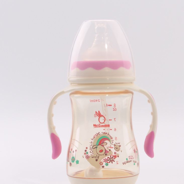 品牌代售240ML寬口徑PPSU原料帶柄帶吸管炫彩嬰兒奶瓶