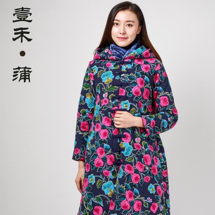 民族風棉服連帽花外套 寬松長款棉衣外套女