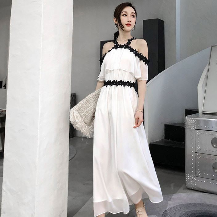 一字肩雪纺裙子春夏新款吊带蕾丝白色连衣裙长裙海边度假沙滩裙女