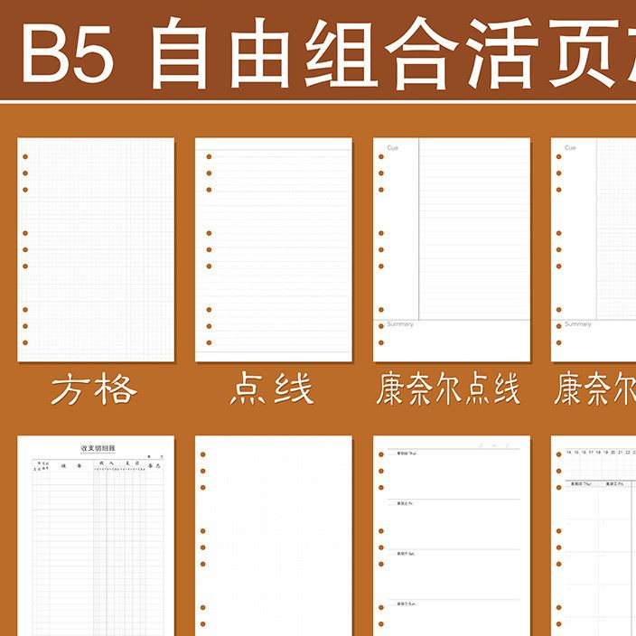 9孔B5內(nèi)芯橫線/點(diǎn)陣空白/方格/年月計(jì)劃/理財(cái)活頁夾記事本DIY替芯