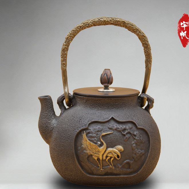 商務(wù)禮品 手工銅蓋仙鶴鎏金老鐵壺 保健養(yǎng)生工藝品茶具