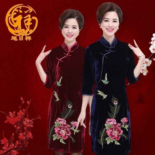 中老年女裝秋裝旗袍 媽媽裝 金絲絨繡花中長款連衣裙一件代發