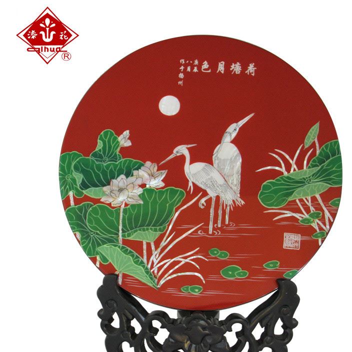 揚(yáng)州漆器廠長期供應(yīng)荷塘月色平磨螺鈿工藝古典擺飾臺(tái)屏