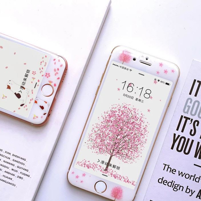 浪漫櫻花絲印超薄iPhone6s全屏鋼化膜 蘋果6Plus鋼化膜贈同款壁紙