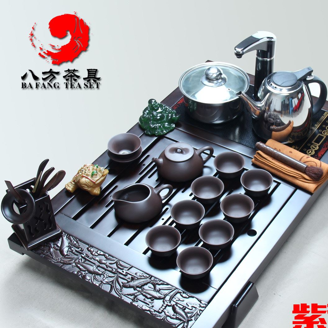 工廠批發直銷黑檀木茶盤年年有魚小號帶電器高端茶海茶具套裝