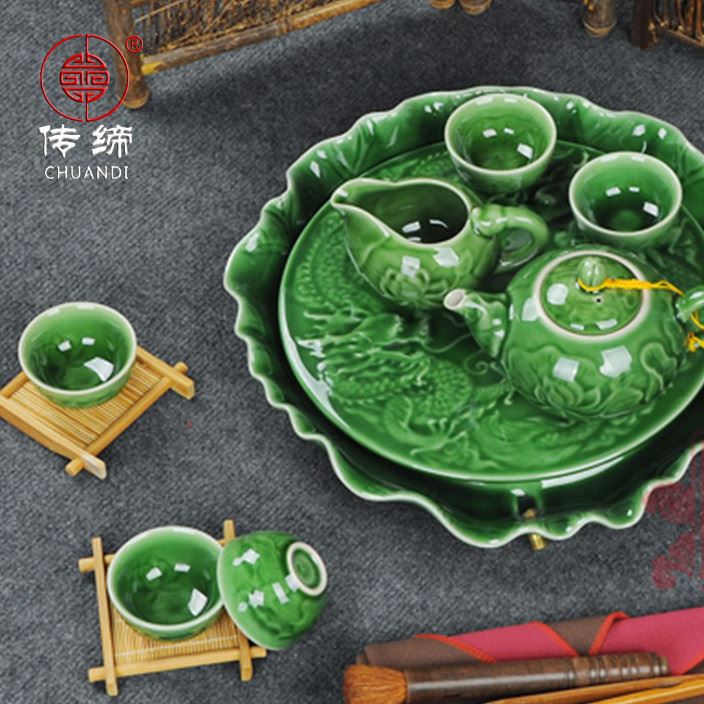 恬瓷泡茶壺茶具整套裝立體浮雕龍旋轉茶盤陶瓷綠色蓋碗功夫小茶杯